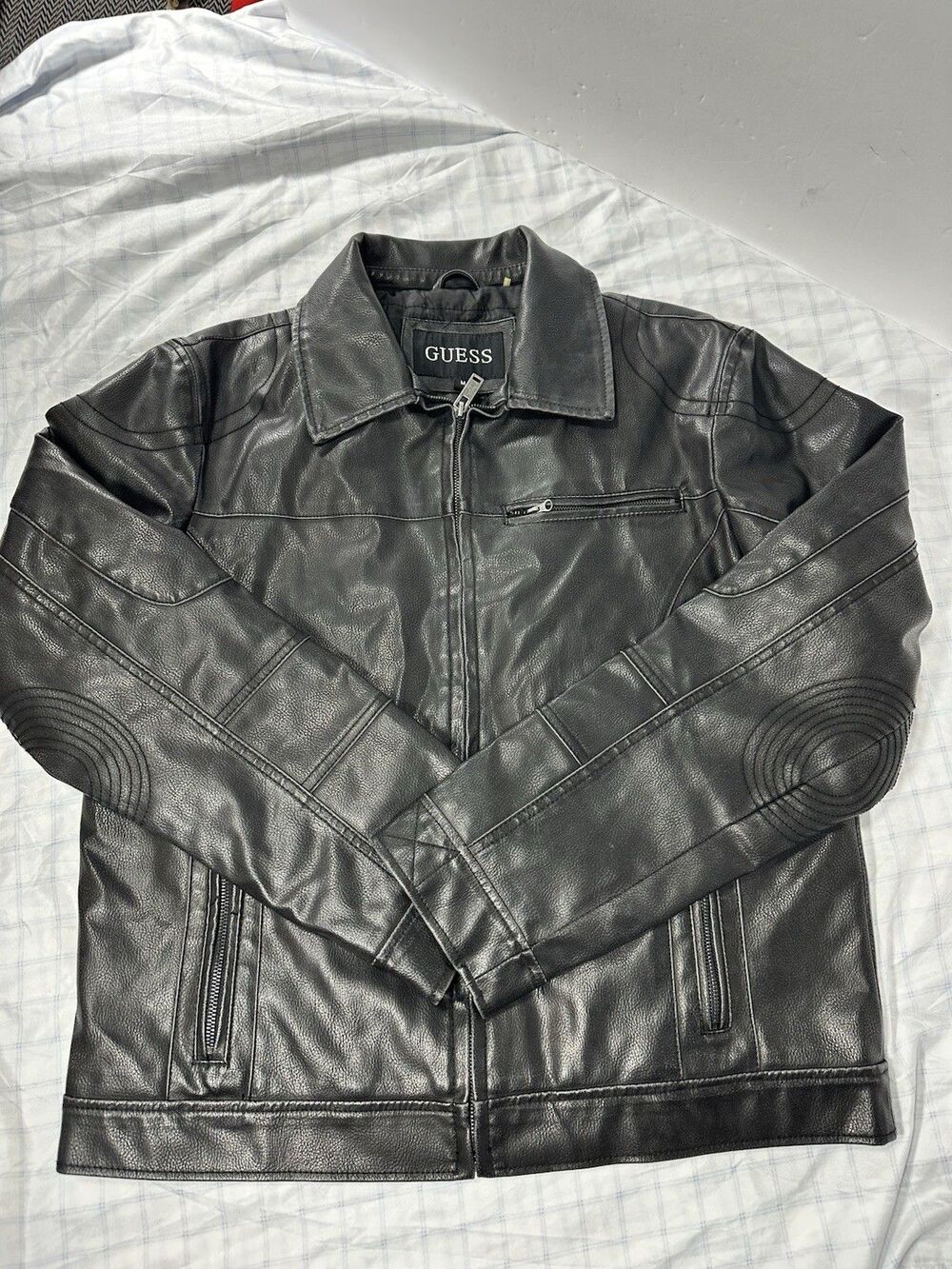 GUESS Men's Faux Leather Moto Biker Jacket Black Size Medium M Quilted Lining